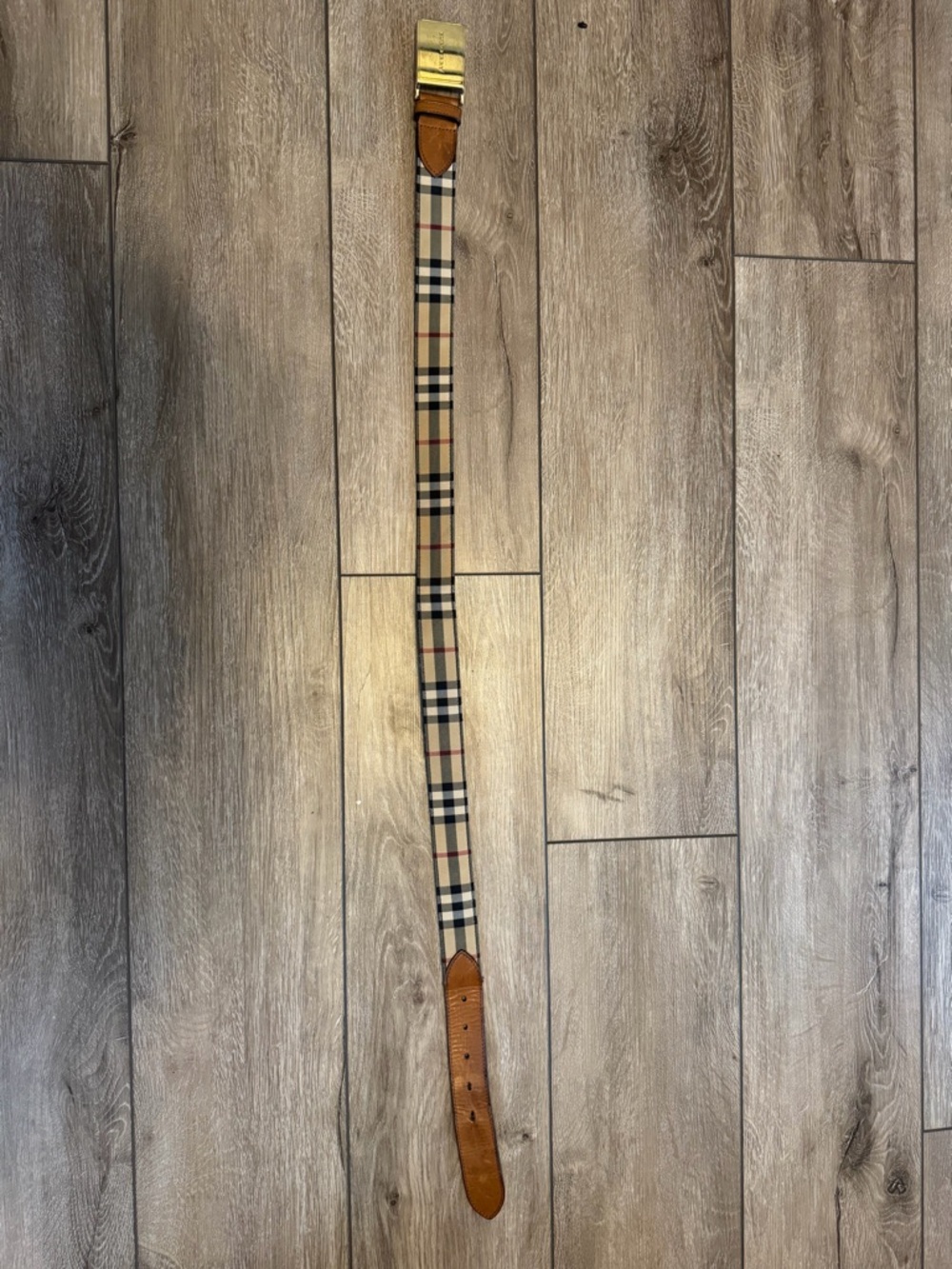 Burberry Men’s Gold Buckle with Tan Leather & Check Fabric Belt - Picture 2 of 3